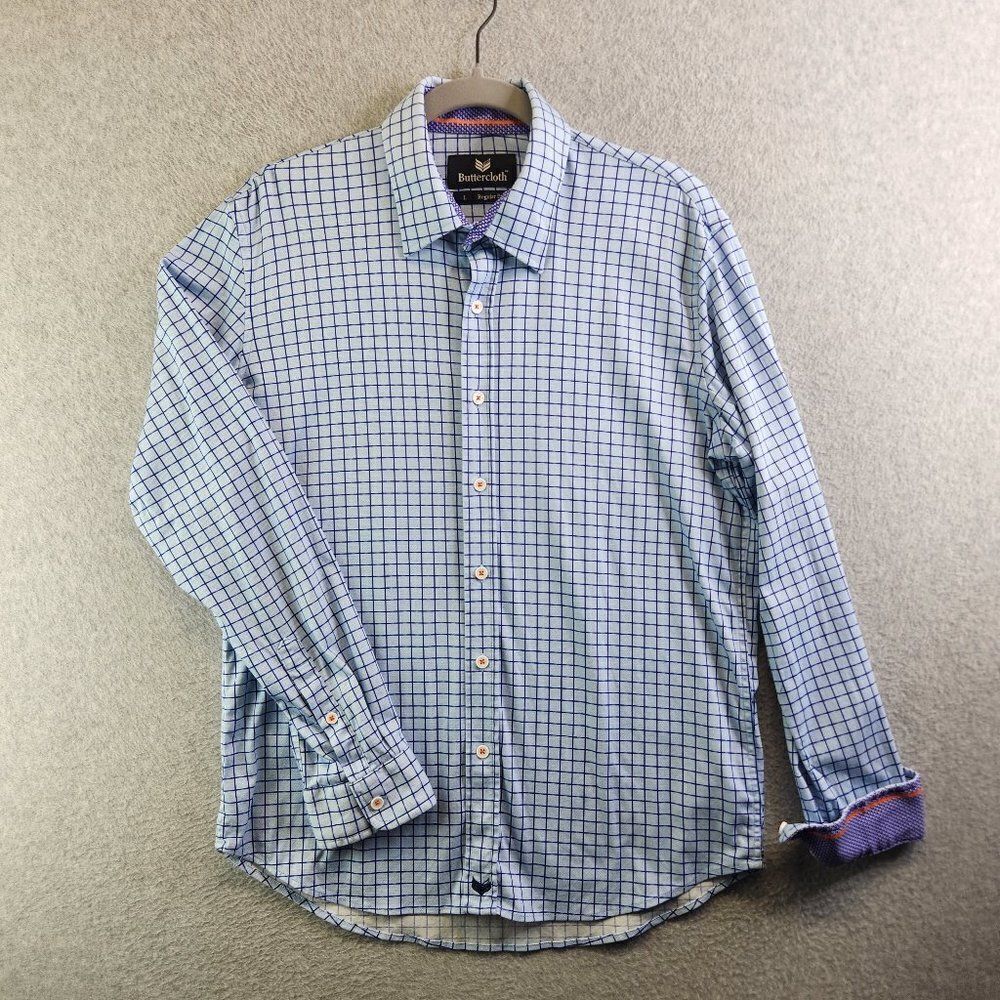 Butter Cloth Shirt Mens Large Blue Grid Check Flip Cuff Regular Fit Lightweight - Picture 1 of 16